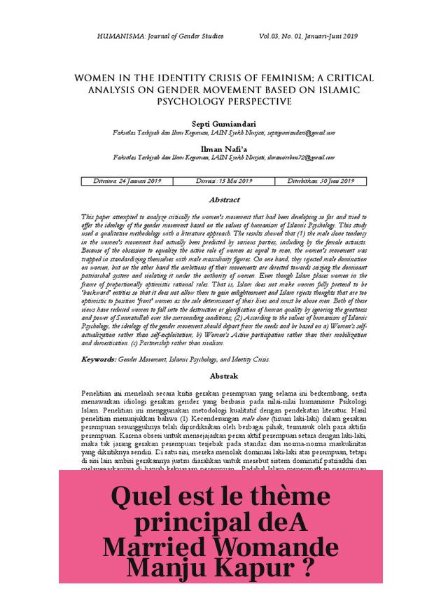 Quel est le thème principal deA Married Womande Manju Kapur ?