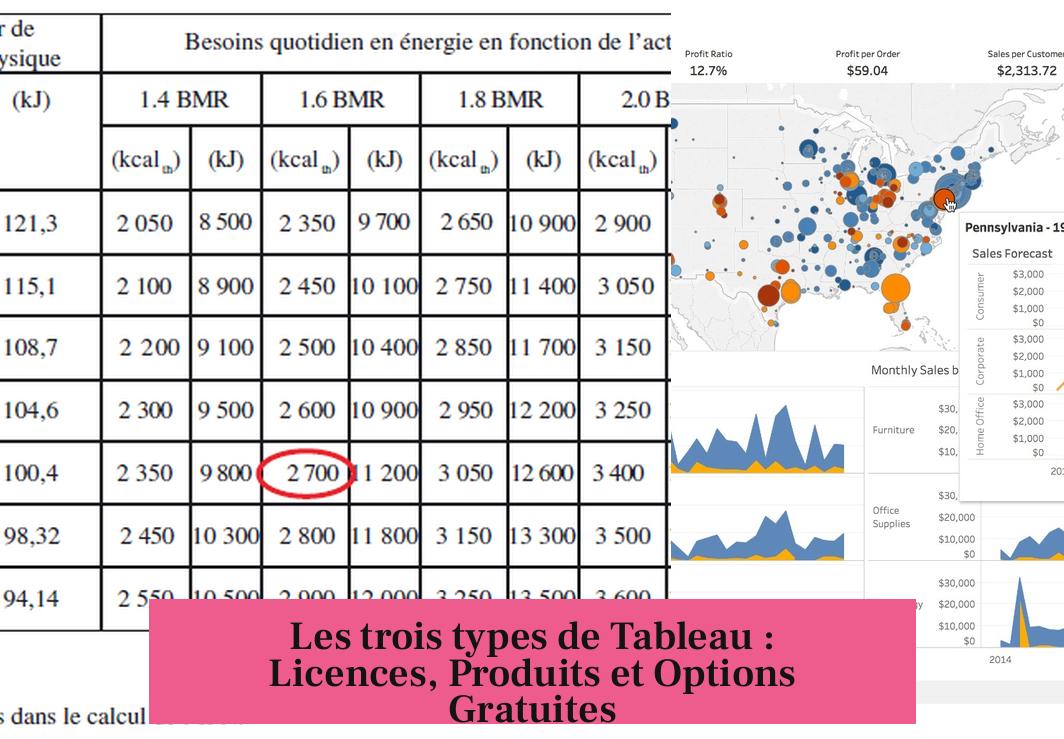 Les trois types de Tableau : Licences, Produits et Options Gratuites