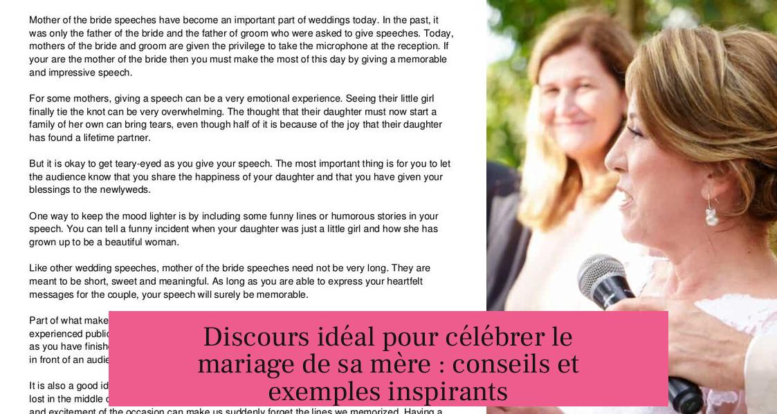 Discours idéal pour célébrer le mariage de sa mère : conseils et exemples inspirants