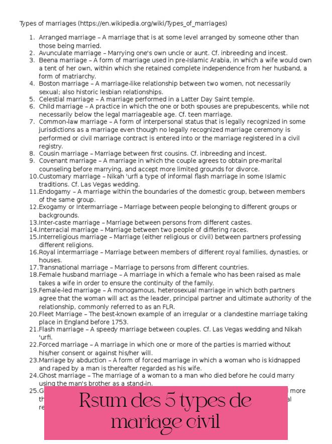 Résumé des 5 types de mariage civil